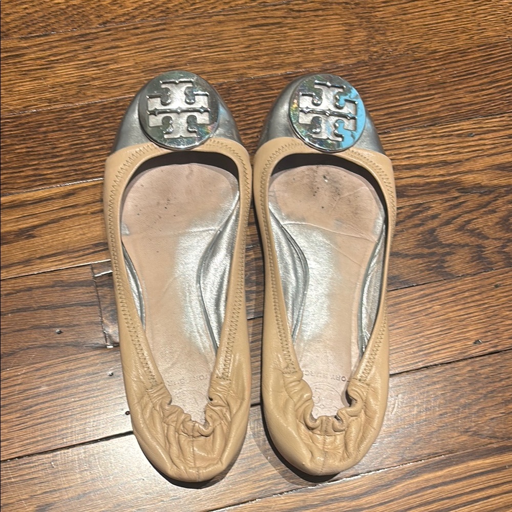 Tory Burch Tan and Silver Ballet Flats